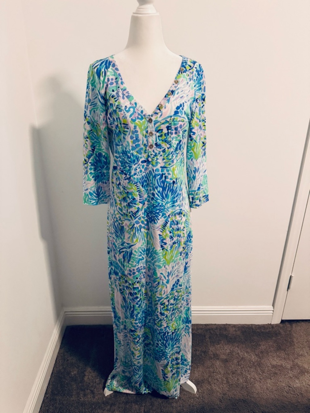 EUC Lilly Pulitzer Vibrant Blue & Green Maxi Dress with V-Neck